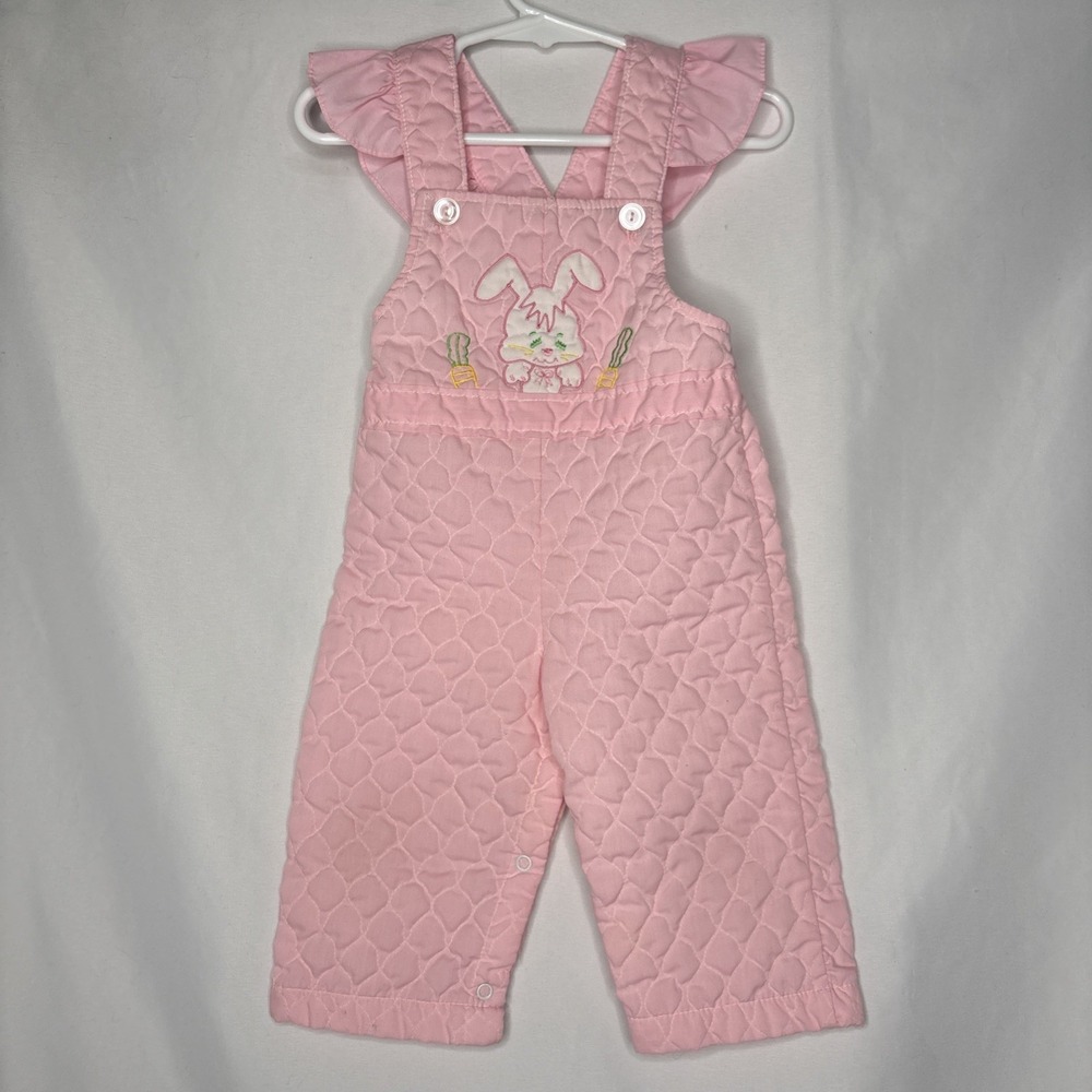 Vtg Nursery‎ Rhyme Quilted Pink Bunny Rabbit Overalls 12 Month One Piece Easter